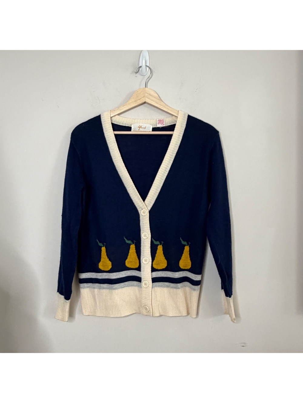 Vintage 70s Navy Pear Cardigan Sweater Cream Trim Novelty Fruit Preppy
